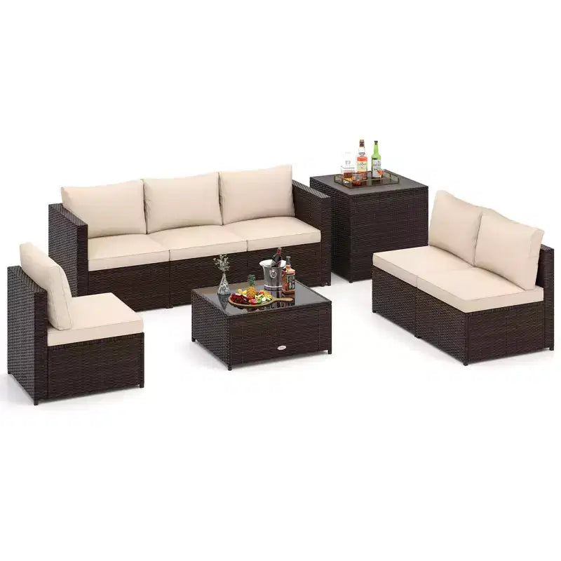 Costway Ensemble de Meubles de Jardin 8 Pièces avec Coffre de Rangement et Table Basse en Verre Trempé Beige