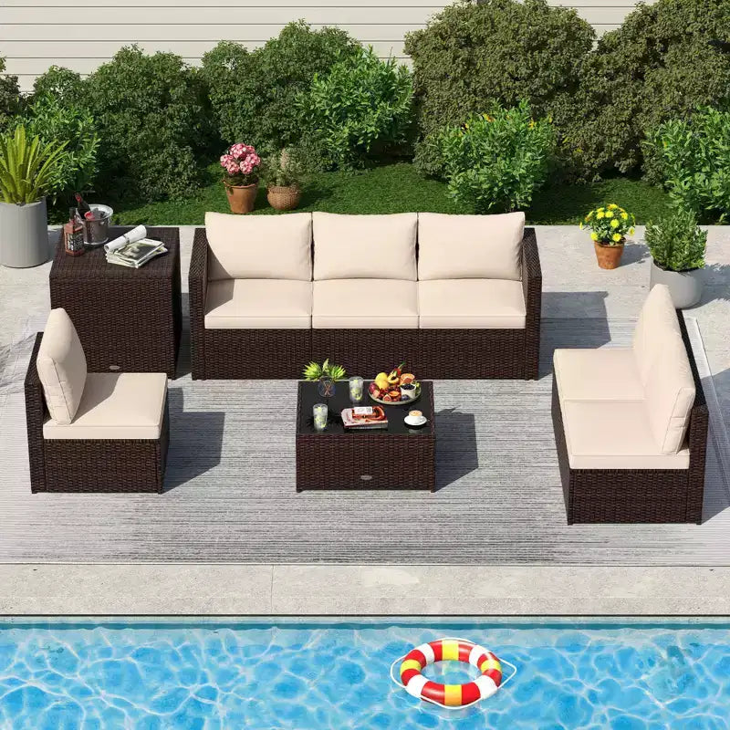 Costway Ensemble de Meubles de Jardin 8 Pièces avec Coffre de Rangement et Table Basse en Verre Trempé Beige