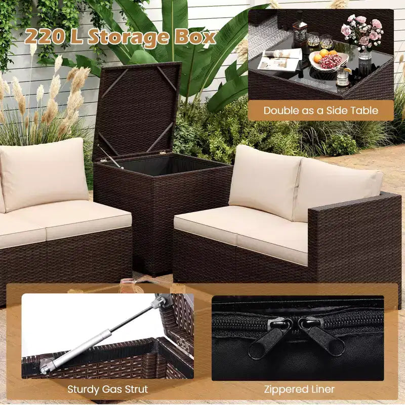 Costway Ensemble de Meubles de Jardin 8 Pièces avec Coffre de Rangement et Table Basse en Verre Trempé Beige