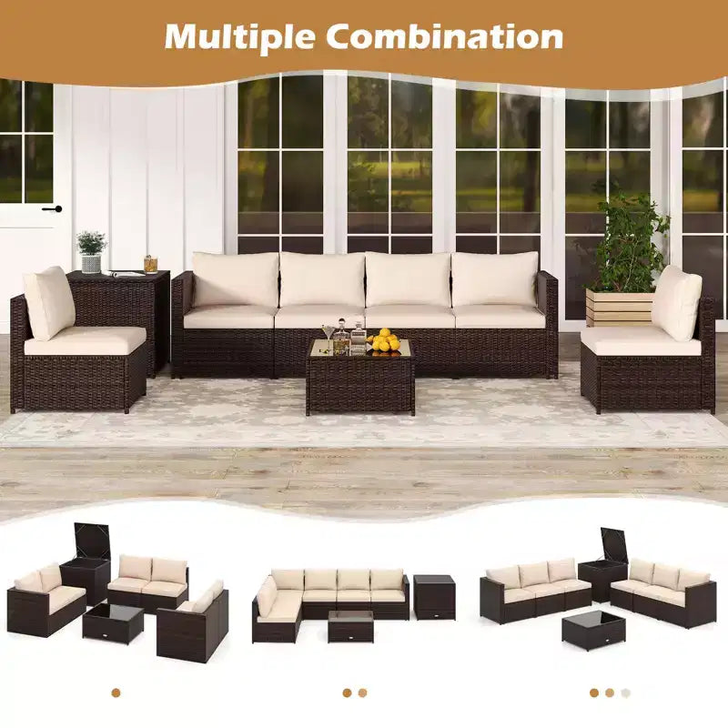 Costway Ensemble de Meubles de Jardin 8 Pièces avec Coffre de Rangement et Table Basse en Verre Trempé Beige