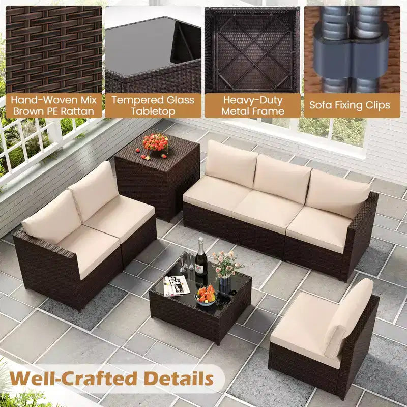 Costway Ensemble de Meubles de Jardin 8 Pièces avec Coffre de Rangement et Table Basse en Verre Trempé Beige