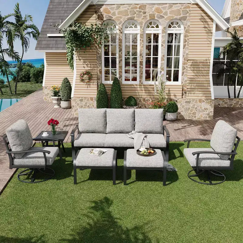 Ensemble de conversation extérieur en métal EROMMY 6 pièces avec fauteuils pivotants à 360°, canapé et pouf pour patio, jardin, terrasse ou piscine