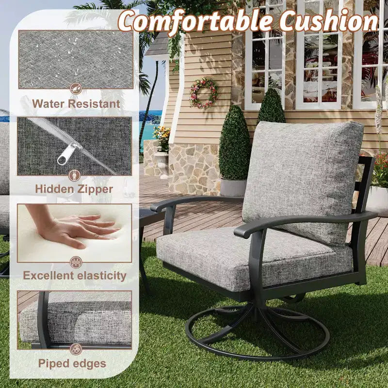 Ensemble de conversation extérieur en métal EROMMY 6 pièces avec fauteuils pivotants à 360°, canapé et pouf pour patio, jardin, terrasse ou piscine