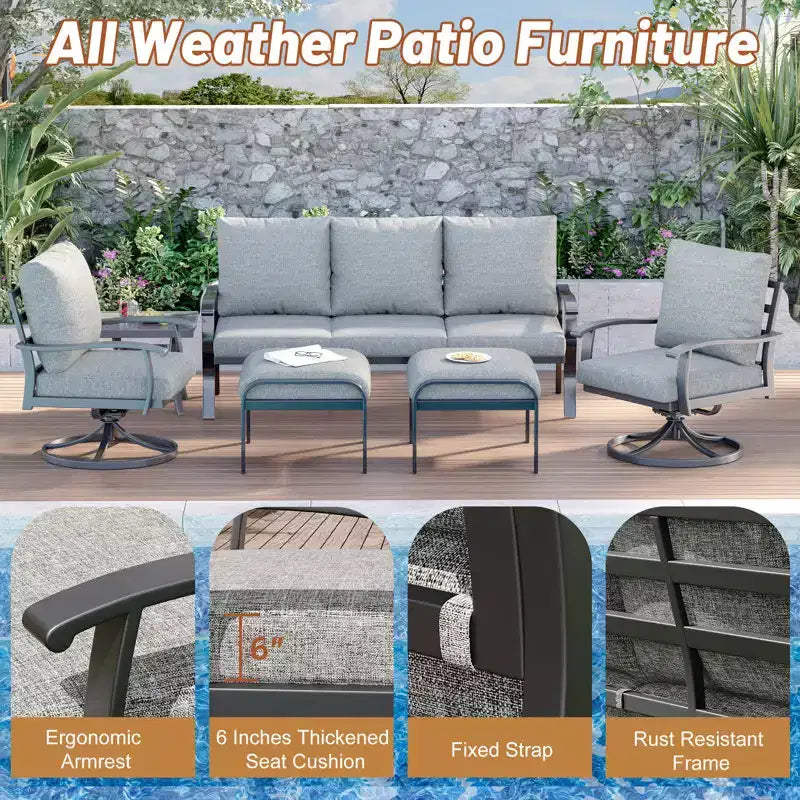 Ensemble de conversation extérieur en métal EROMMY 6 pièces avec fauteuils pivotants à 360°, canapé et pouf pour patio, jardin, terrasse ou piscine