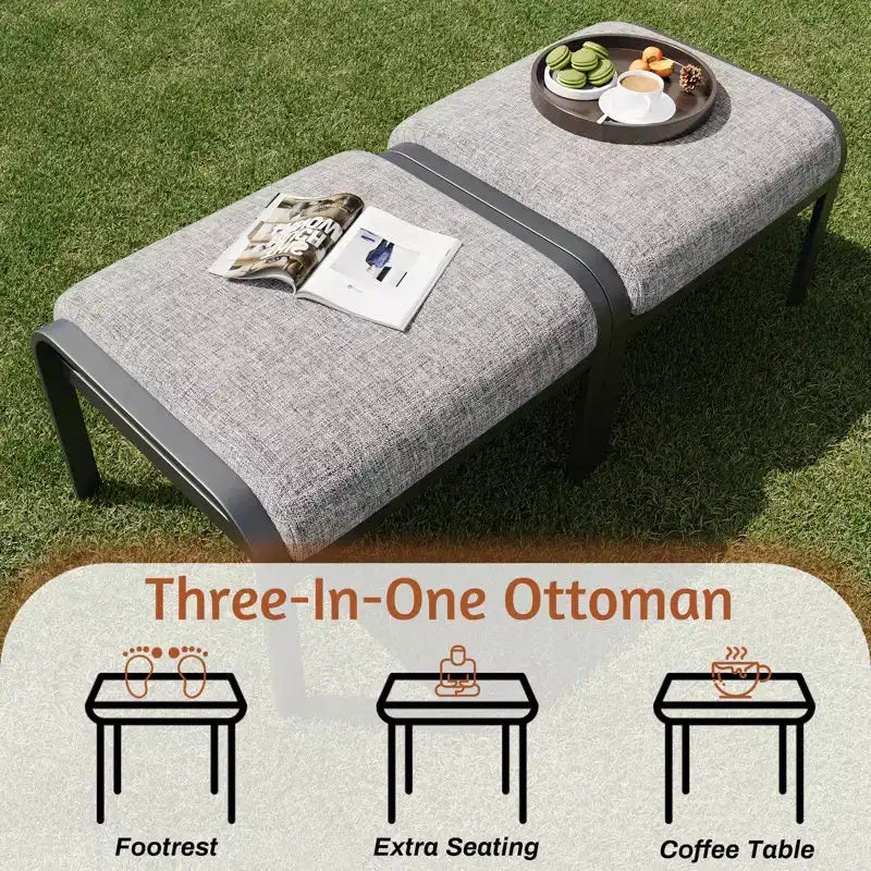 Ensemble de conversation extérieur en métal EROMMY 6 pièces avec fauteuils pivotants à 360°, canapé et pouf pour patio, jardin, terrasse ou piscine