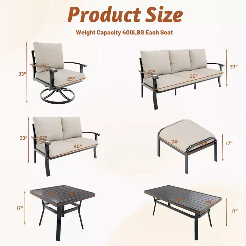 Ensemble de conversation extérieur en métal EROMMY 6 pièces avec fauteuils pivotants à 360°, canapé et pouf pour patio, jardin, terrasse ou piscine