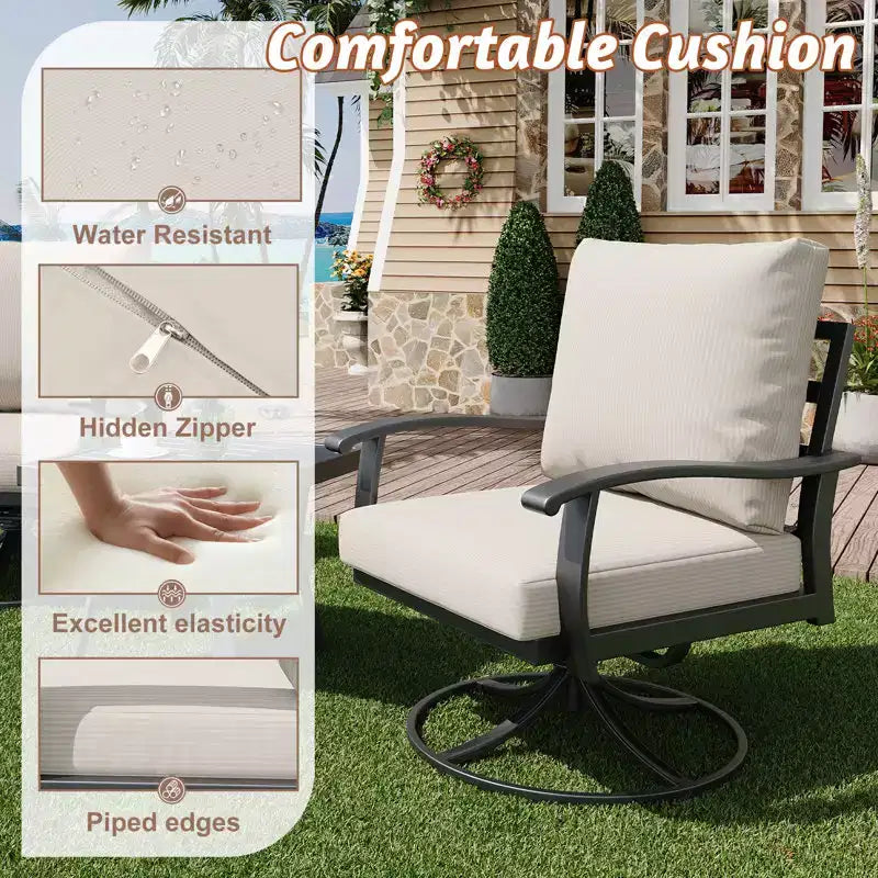 Ensemble de conversation extérieur en métal EROMMY 6 pièces avec fauteuils pivotants à 360°, canapé et pouf pour patio, jardin, terrasse ou piscine