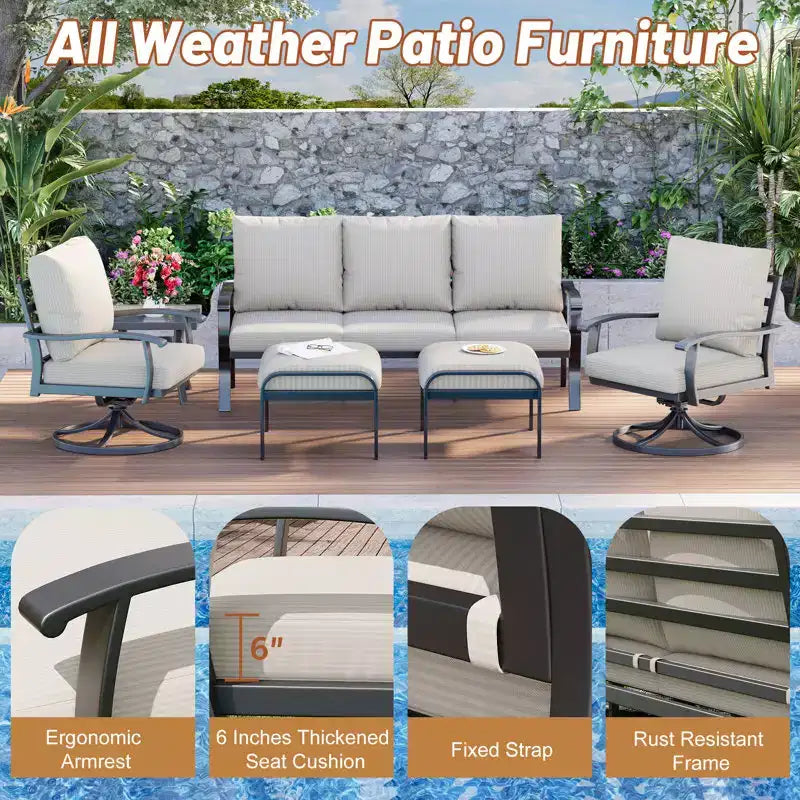Ensemble de conversation extérieur en métal EROMMY 6 pièces avec fauteuils pivotants à 360°, canapé et pouf pour patio, jardin, terrasse ou piscine