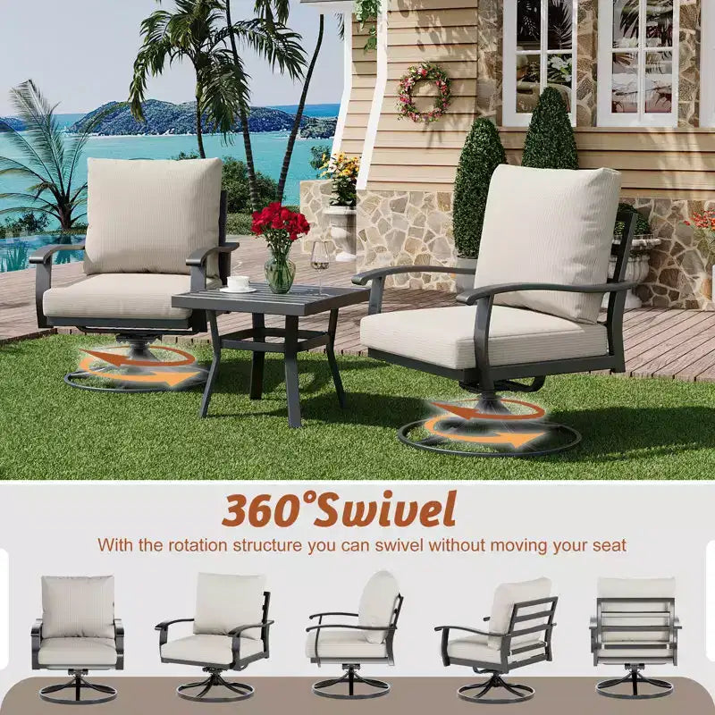 Ensemble de conversation extérieur en métal EROMMY 6 pièces avec fauteuils pivotants à 360°, canapé et pouf pour patio, jardin, terrasse ou piscine
