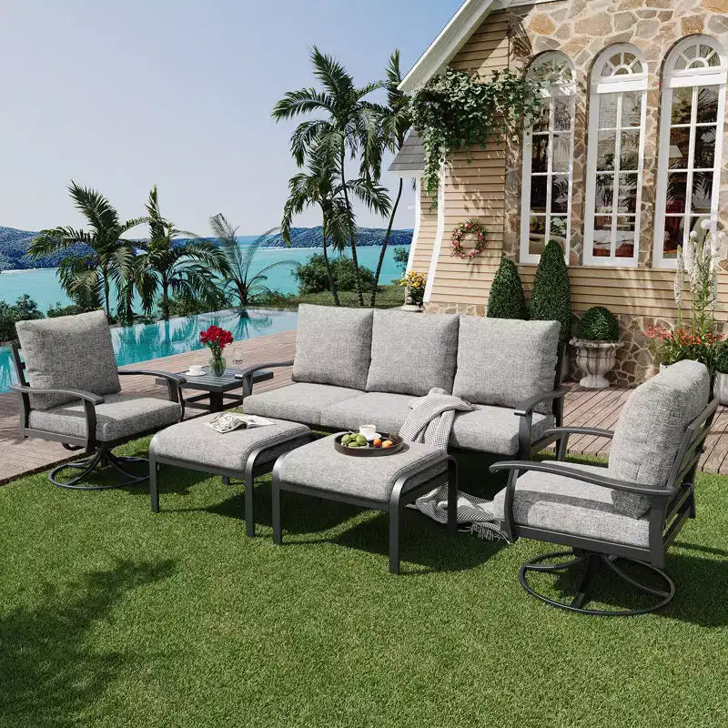Ensemble de conversation extérieur en métal EROMMY 6 pièces avec fauteuils pivotants à 360°, canapé et pouf pour patio, jardin, terrasse ou piscine