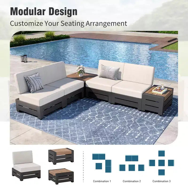 Canapé d'angle modulable d'extérieur Captiva Designs avec coussins épais et table aspect bois