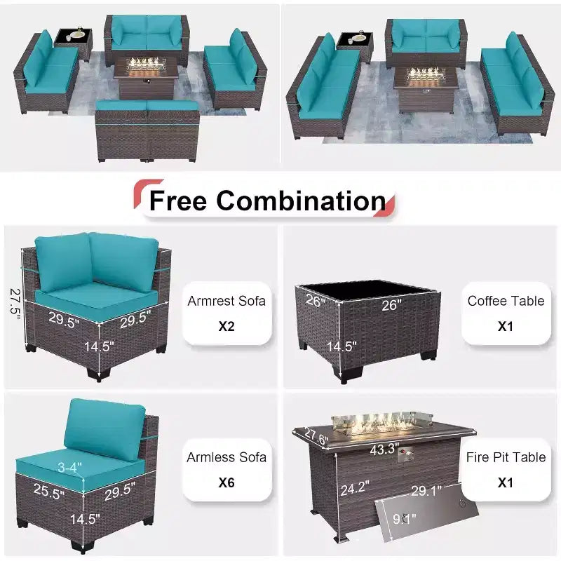 ALAULM Ensemble de 10 pièces de mobilier de patio, salons de conversation d'extérieur en rotin osier, ensemble de canapés de mobilier