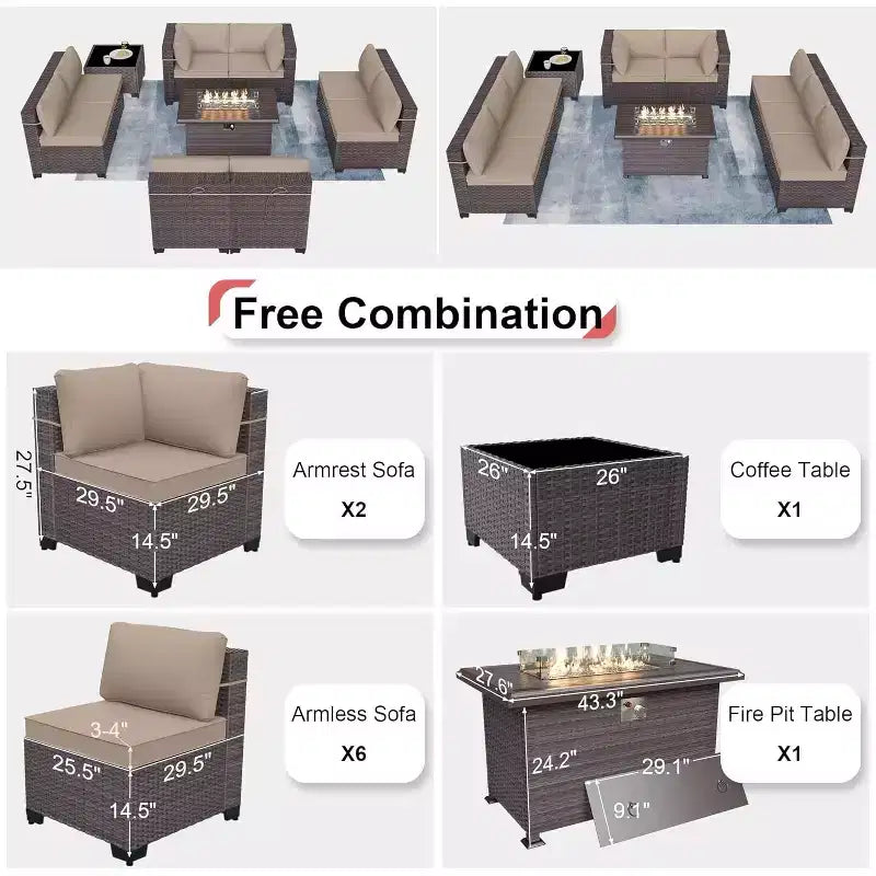 ALAULM Ensemble de 10 pièces de mobilier de patio, salons de conversation d'extérieur en rotin osier, ensemble de canapés de mobilier