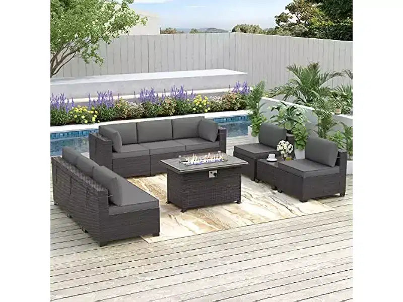 ALAULM Ensemble de 10 pièces de mobilier de patio, salons de conversation d'extérieur en rotin osier, ensemble de canapés de mobilier
