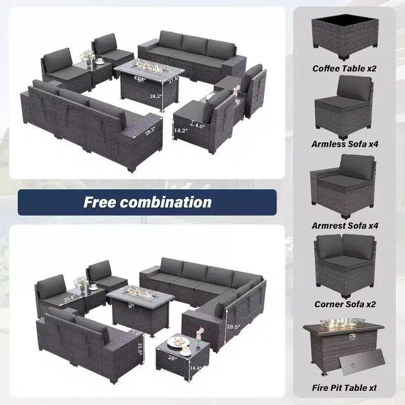 ALAULM Ensemble de mobilier de jardin 13 pièces, Ensembles de conversation d'extérieur en rotin osier, Ensemble de canapés modulables