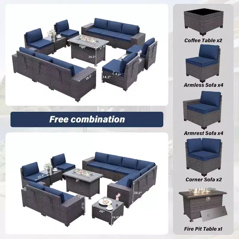 ALAULM Ensemble de mobilier de jardin 13 pièces, Ensembles de conversation d'extérieur en rotin osier, Ensemble de canapés modulables