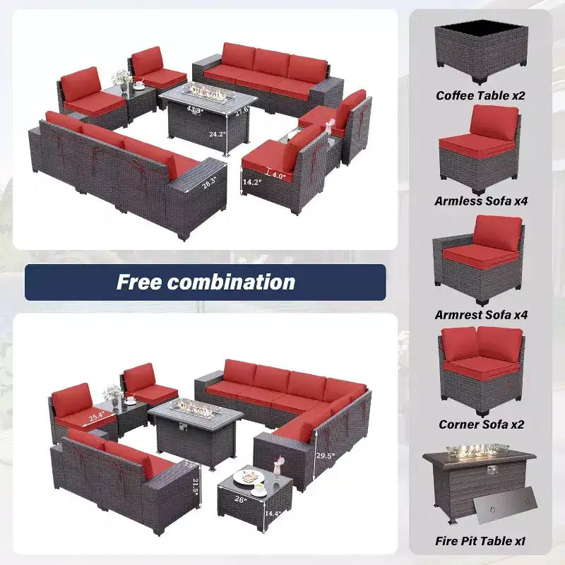 ALAULM Ensemble de mobilier de jardin 13 pièces, Ensembles de conversation d'extérieur en rotin osier, Ensemble de canapés modulables