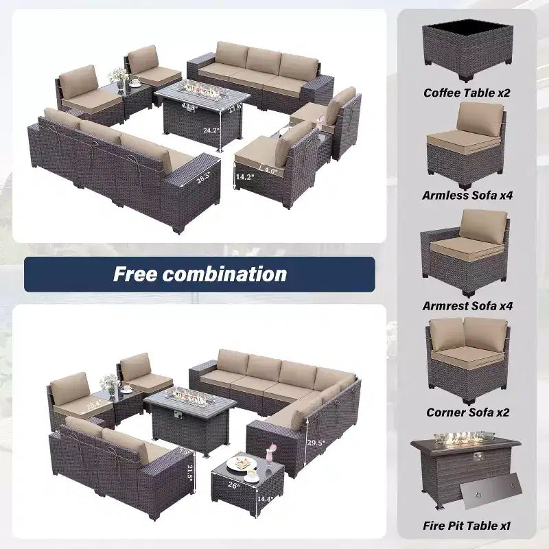 ALAULM Ensemble de mobilier de jardin 13 pièces, Ensembles de conversation d'extérieur en rotin osier, Ensemble de canapés modulables