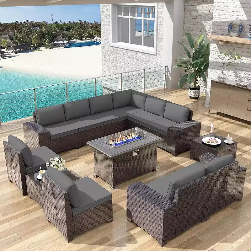 ALAULM Ensemble de mobilier de jardin 13 pièces, Ensembles de conversation d'extérieur en rotin osier, Ensemble de canapés modulables