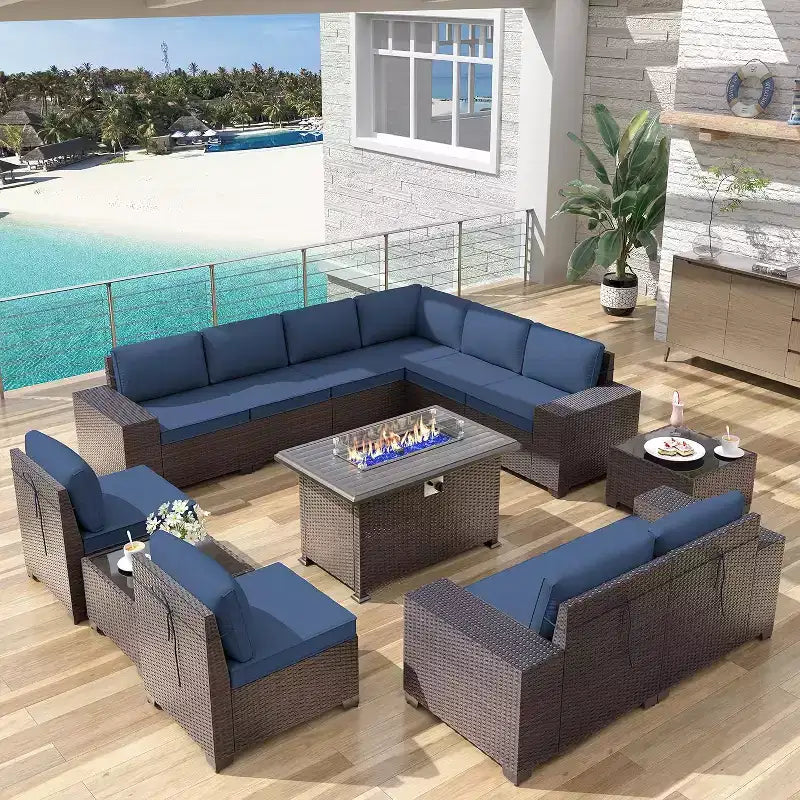 ALAULM Ensemble de mobilier de jardin 13 pièces, Ensembles de conversation d'extérieur en rotin osier, Ensemble de canapés modulables