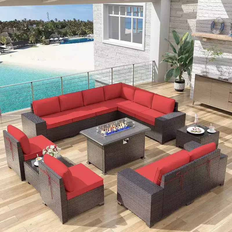 ALAULM Ensemble de mobilier de jardin 13 pièces, Ensembles de conversation d'extérieur en rotin osier, Ensemble de canapés modulables