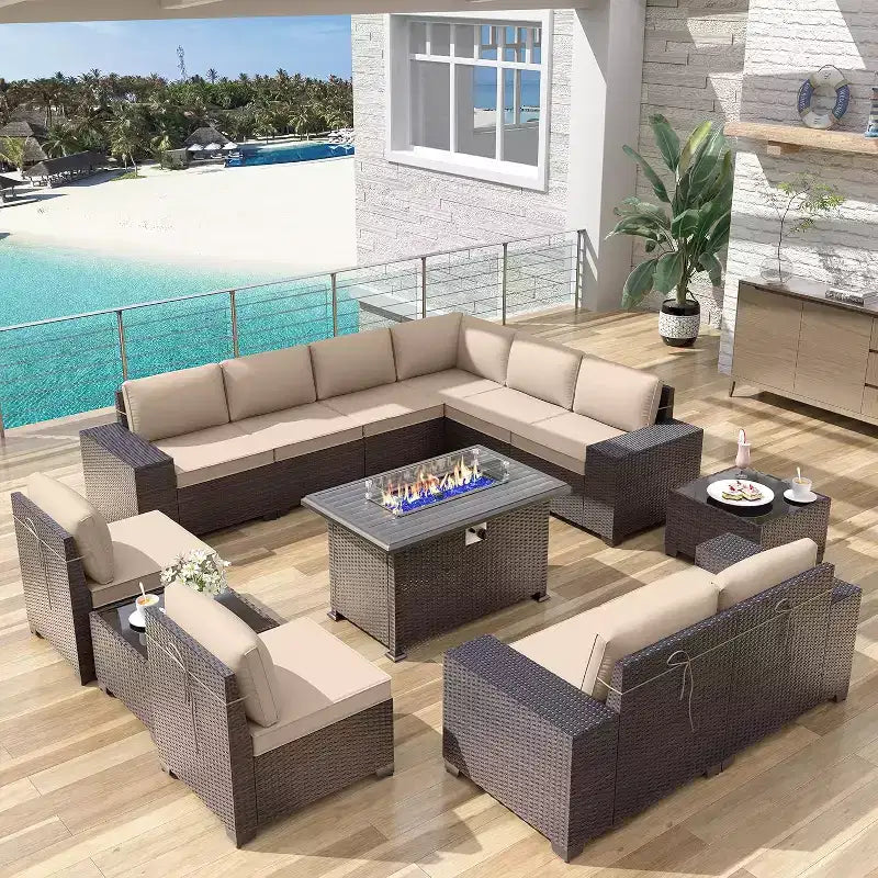 ALAULM Ensemble de mobilier de jardin 13 pièces, Ensembles de conversation d'extérieur en rotin osier, Ensemble de canapés modulables