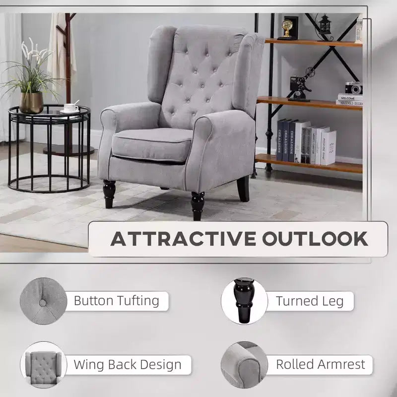 Okak Accent Chair Button-Tufted Living Room Chair with Upholstered Rounded Cushion High Wingback Armchair with Wood Legs for Lounge Bedroom
