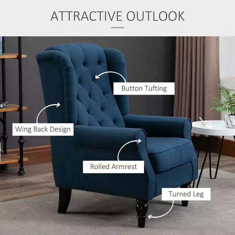 Okak Accent Chair Button-Tufted Living Room Chair with Upholstered Rounded Cushion High Wingback Armchair with Wood Legs for Lounge Bedroom