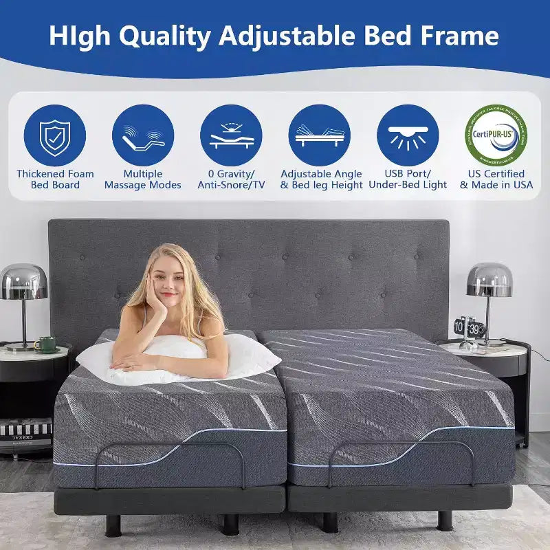Dyonery Updated Adjustable Bed Base with 12 Form Frame Massage (Mattress color random)