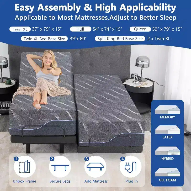 Dyonery Updated Adjustable Bed Base with 12 Form Frame Massage (Mattress color random)