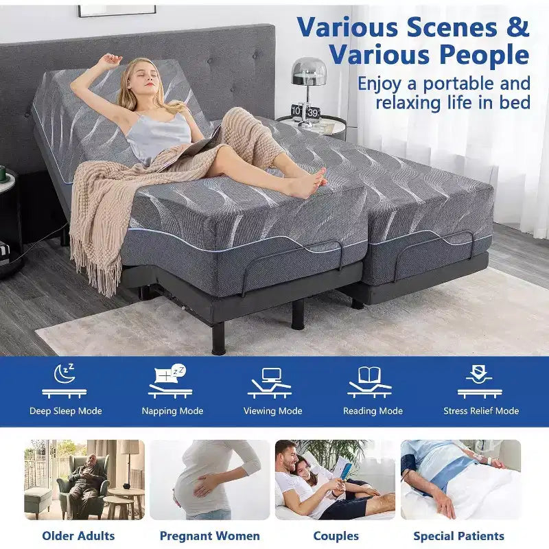 Dyonery Updated Adjustable Bed Base with 12 Form Frame Massage (Mattress color random)