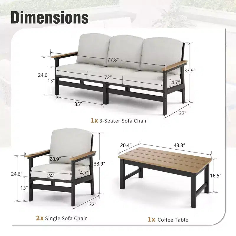 Ensemble de conversation de patio d'extérieur tout temps en PEHD avec coussins beiges et table basse