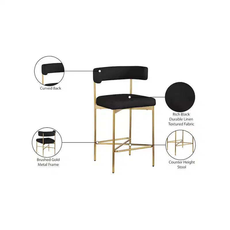 Meridian Furniture,Rivage Black Durable Linen Textured Fabric Stool, Set of 2