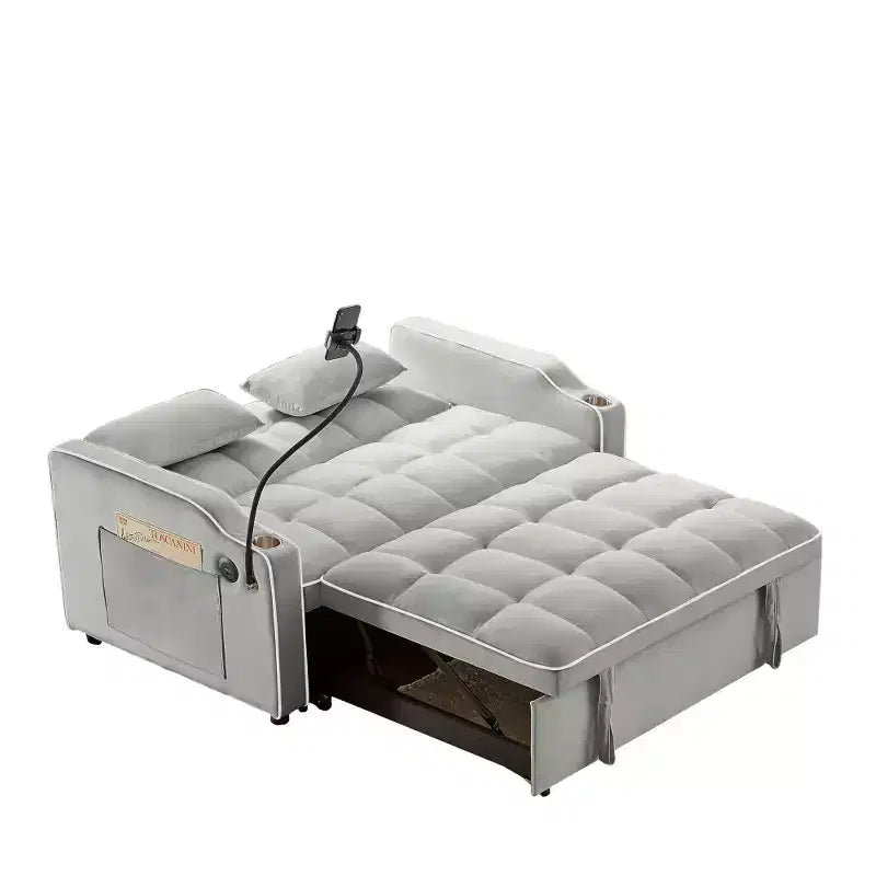 Zeus & Ruta Versatile 3-in-1 Foldable Velvet Sofa Bed with Adjustable Backrest, USB Port, Ashtray & Swivel Phone Stand