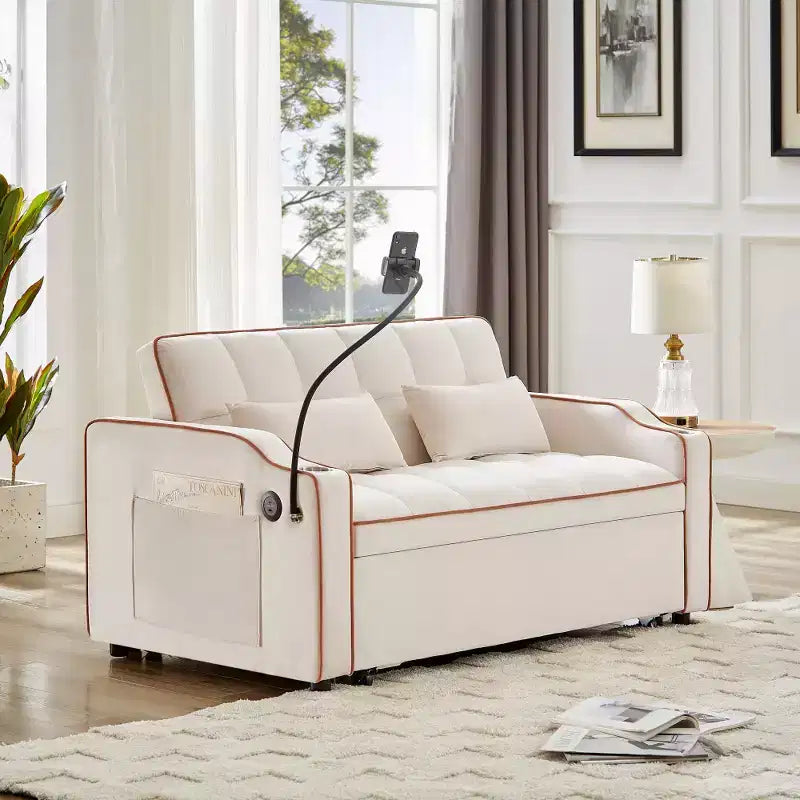 Zeus & Ruta Versatile 3-in-1 Foldable Velvet Sofa Bed with Adjustable Backrest, USB Port, Ashtray & Swivel Phone Stand