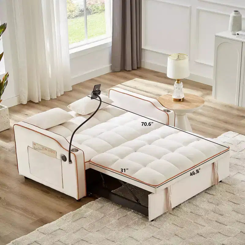 Zeus & Ruta Versatile 3-in-1 Foldable Velvet Sofa Bed with Adjustable Backrest, USB Port, Ashtray & Swivel Phone Stand