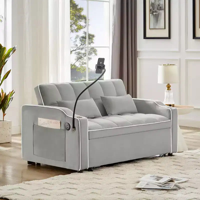 Zeus & Ruta Versatile 3-in-1 Foldable Velvet Sofa Bed with Adjustable Backrest, USB Port, Ashtray & Swivel Phone Stand