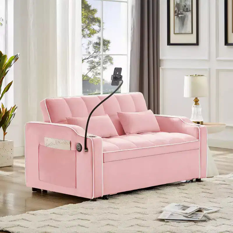 Zeus & Ruta Versatile 3-in-1 Foldable Velvet Sofa Bed with Adjustable Backrest, USB Port, Ashtray & Swivel Phone Stand