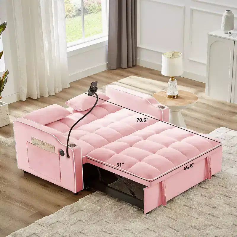 Zeus & Ruta Versatile 3-in-1 Foldable Velvet Sofa Bed with Adjustable Backrest, USB Port, Ashtray & Swivel Phone Stand