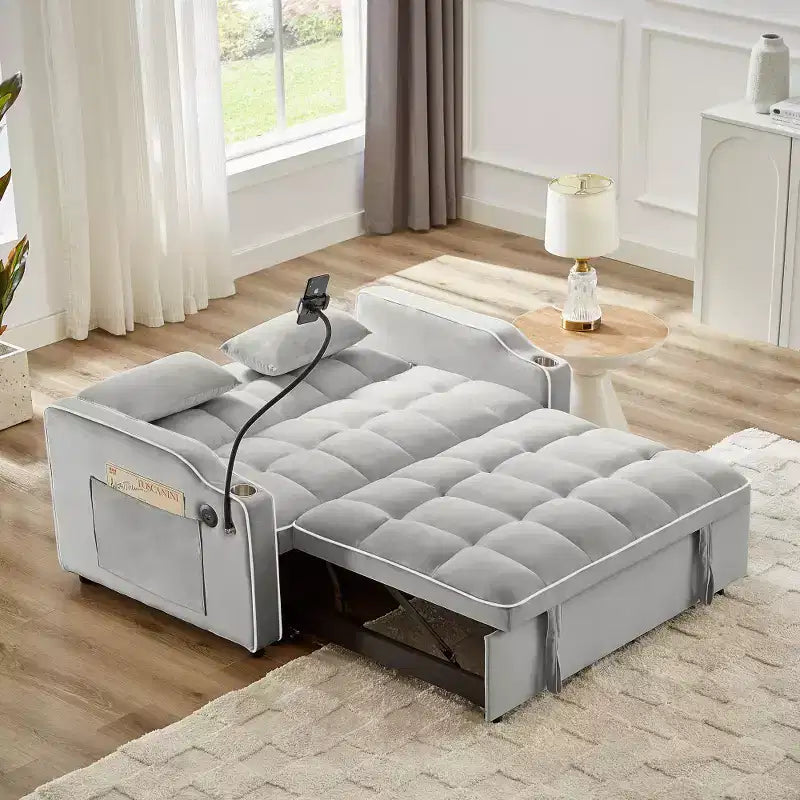 Zeus & Ruta Versatile 3-in-1 Foldable Velvet Sofa Bed with Adjustable Backrest, USB Port, Ashtray & Swivel Phone Stand