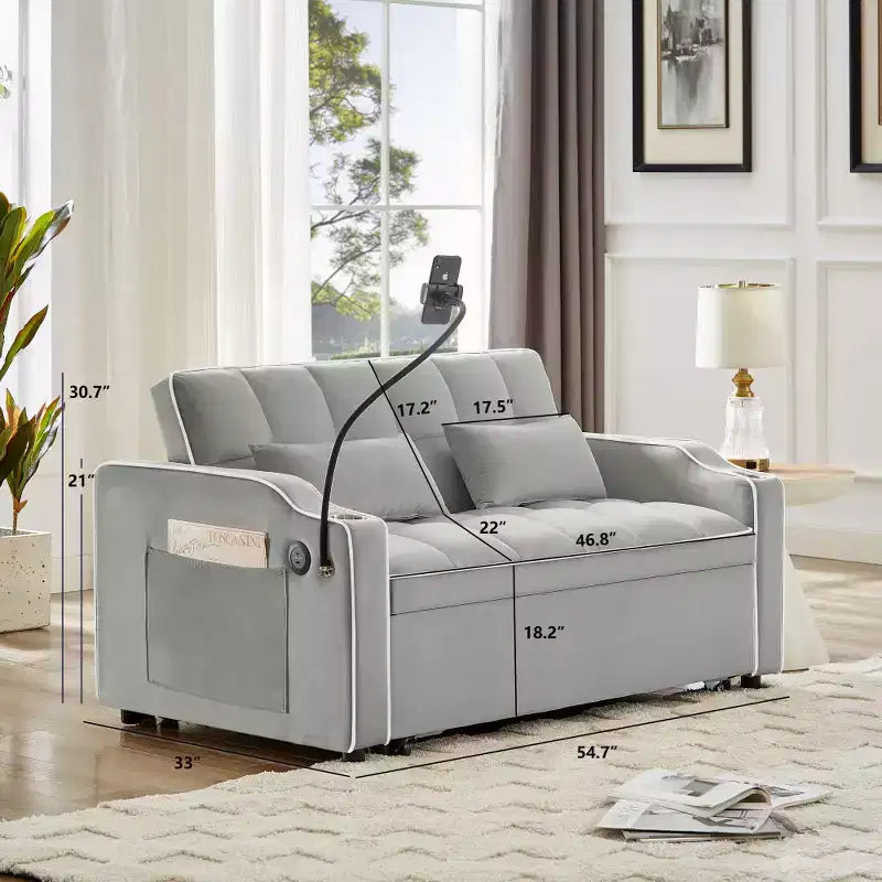 Zeus & Ruta Versatile 3-in-1 Foldable Velvet Sofa Bed with Adjustable Backrest, USB Port, Ashtray & Swivel Phone Stand
