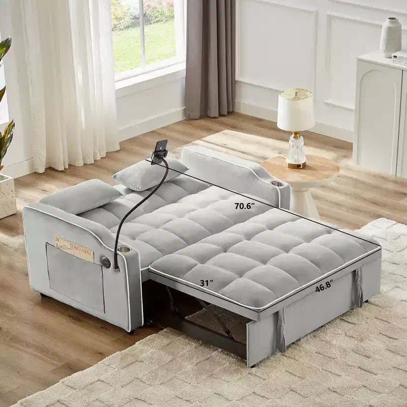 Zeus & Ruta Versatile 3-in-1 Foldable Velvet Sofa Bed with Adjustable Backrest, USB Port, Ashtray & Swivel Phone Stand