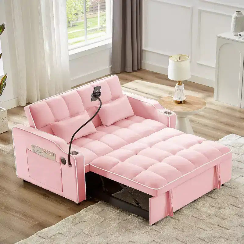 Zeus & Ruta Versatile 3-in-1 Foldable Velvet Sofa Bed with Adjustable Backrest, USB Port, Ashtray & Swivel Phone Stand