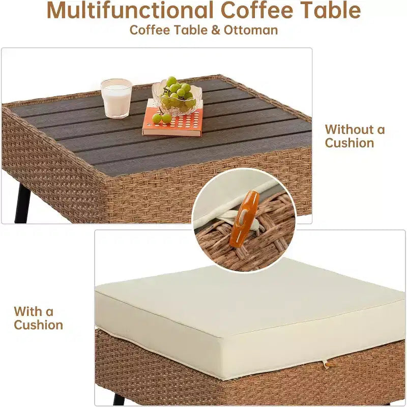 Ensemble de conversation d'extérieur en osier Real Relax 6 pièces, salon de jardin bohème avec table en HDPE et coussins épais résistants à l'eau, beige
