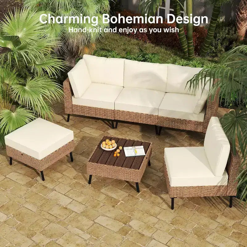 Ensemble de conversation d'extérieur en osier Real Relax 6 pièces, salon de jardin bohème avec table en HDPE et coussins épais résistants à l'eau, beige