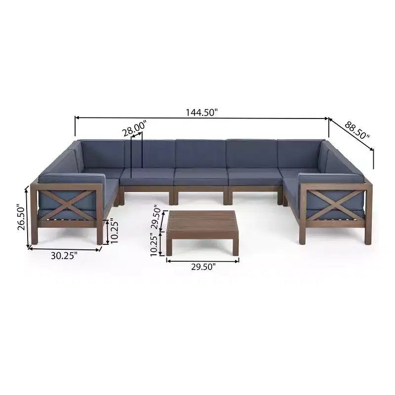 Ensemble de canapés d'extérieur modulaires en bois d'acacia en forme de U à 8 pièces Dominic Christopher Knight Home avec coussins