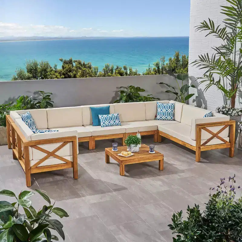 Ensemble de canapés d'extérieur modulaires en bois d'acacia en forme de U à 8 pièces Dominic Christopher Knight Home avec coussins