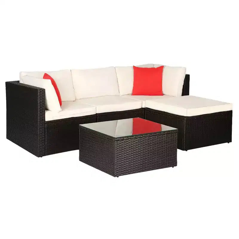 BestMassage 5 Pieces Rattan Patio Furniture Sets Patio Sectional Sofa Set Outdoor Conversation Sofa Set, Khaki