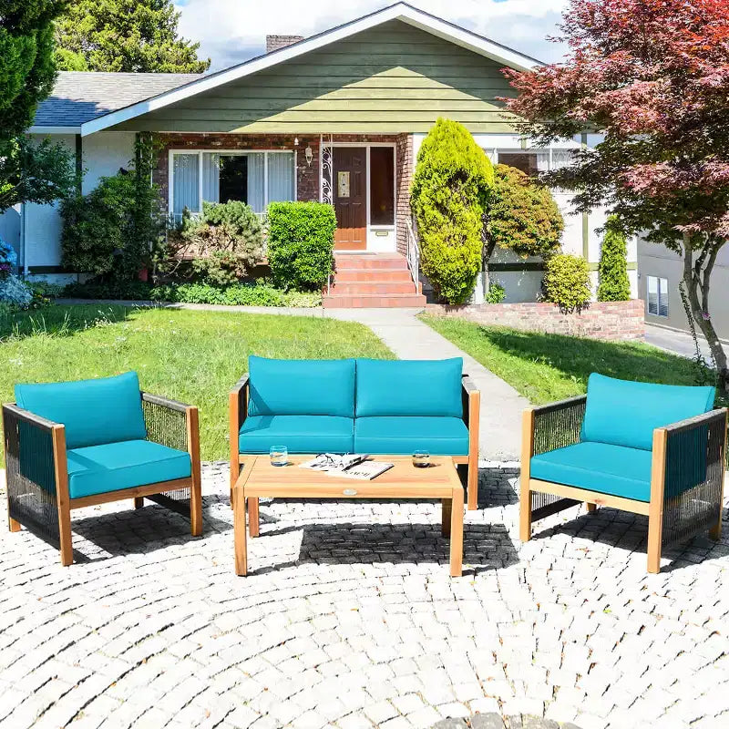 Costway Ensemble de Meubles d'extérieur 4 pièces en Bois avec Coussins Rouge et Blanc/Turquoise