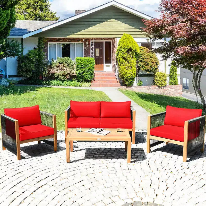 Costway Ensemble de Meubles d'extérieur 4 pièces en Bois avec Coussins Rouge et Blanc/Turquoise